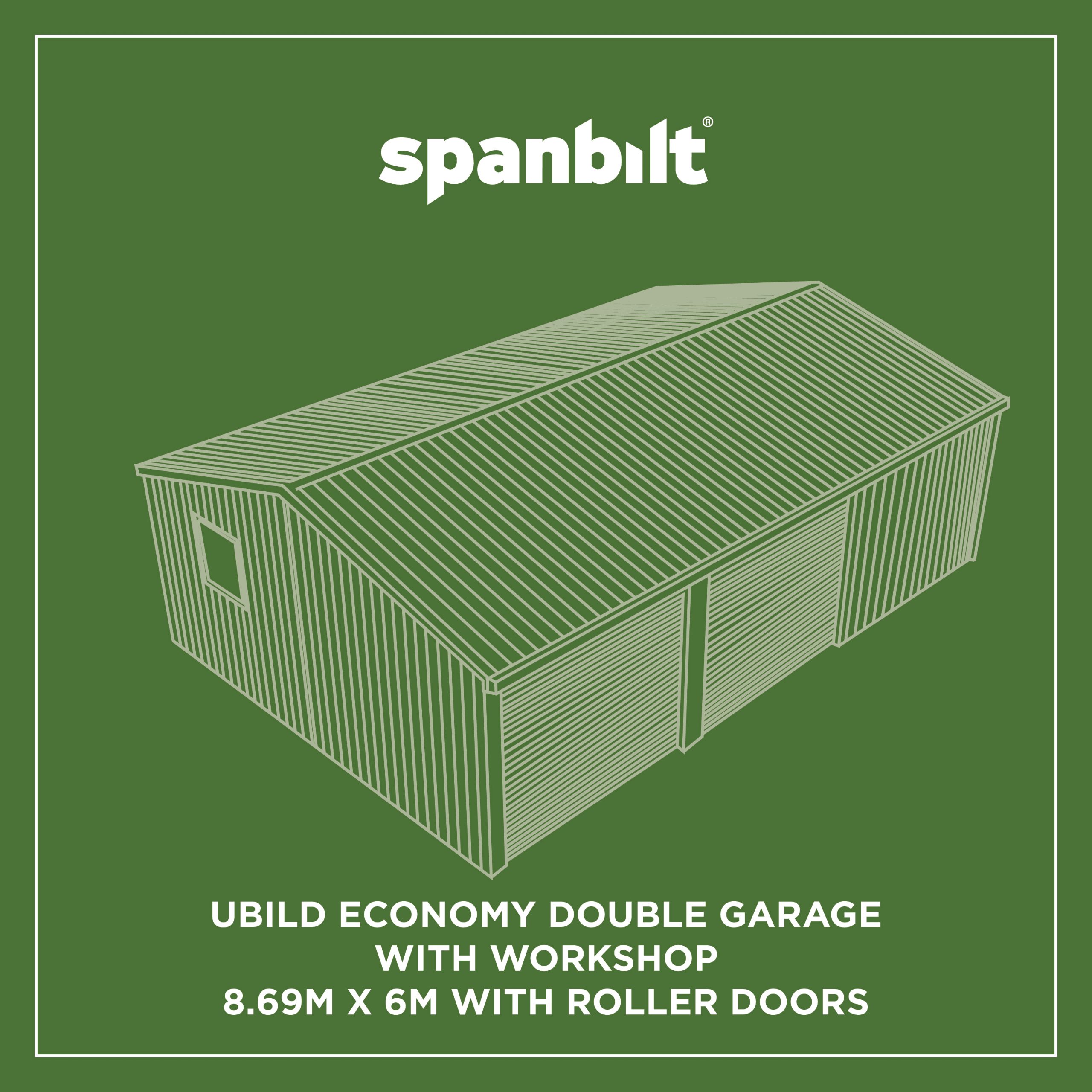 UBild Economy Double Garage with Workshop 8.69m x 6m with Roller Doors – ENGINEERING PAPERS ONLY